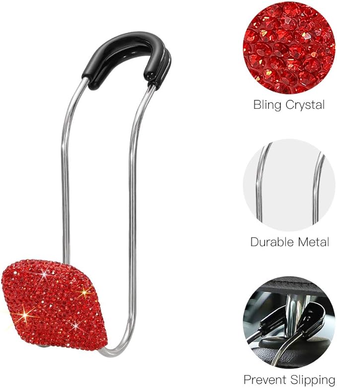 SAVORI Car Headrest Hooks Bling Car Accessories Rhinestones Universal Auto Back Seat Headrest Metal Hanger Organizer Vehicle Holder for Bag Purse Clothes Grocery 2PCS (Red)
