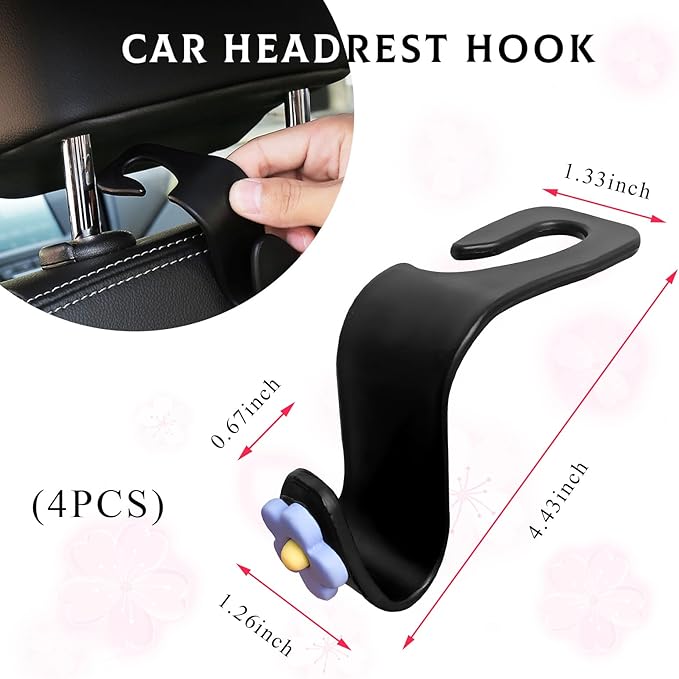 4 PCS Car Seat Headrest Hook, Plastic Headrest Hooks with Adhesive Flower, Auto Back Seat Hanger Storage Hook for Grocery Bag Purse Handbag Umbrella, Car Accessories (Blue)