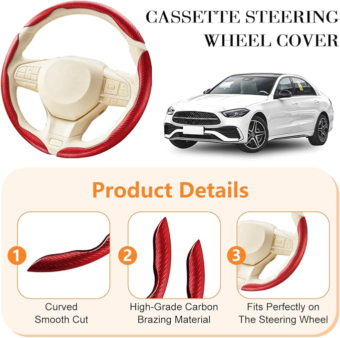 3PCS Carbon Fiber Car Steering Wheel Cover, Leather Segmented Anti-Skid Steering Wheel Protector, Snap on Automotive Interior Protection Accessories, Universal for Vehicles (Red)