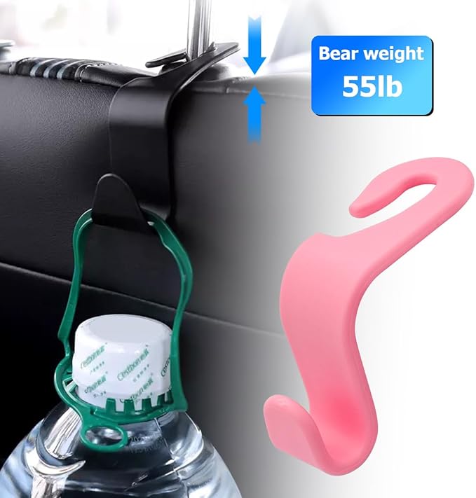 4PCS Car Back Seat Headrest Hooks, Rear Car Seat Storage Headrest Hanger Holder Hooks Organizer, Universal Auto Interior Accessories for Bag Purse Handbag Cloth Coats Grocery (Pink)
