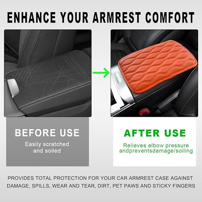 Car Center Console Cushion Pad, 12.48×7.40 Inches Waterproof Car Armrest Seat Box Cover, Comfortable PU Leather Vehicle Armrest Cover Protector, Car Decor Interior Accessories (Orange)