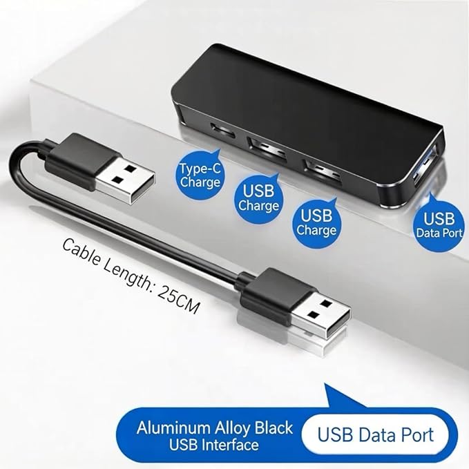 Car Accessories 4-in-1 Car USB Hub Equipped with a Data Interface and Multiple Type-C/USB-A Fast Charging interfaces，USB Hub for iPhone,iPad,Samsung Galaxy,USB Flash Drive，Android（Black）