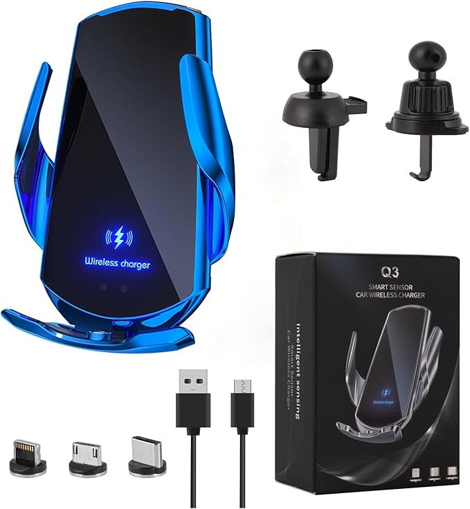 Wireless Car Charger Mount Automotive Electric Induction 15W Wireless Charger Car Auto Clamping Car Phone Holder Mount Wireless Charging Mount Vent Phone Holde Compatible with Android (Blue)