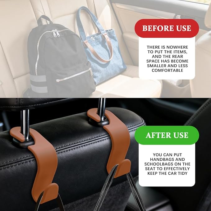 4PCS Car Seat Headrest Hooks, Purse Hook for Car, Auto Back Seat Organizer Storage Hanger Holder, Auto Accessories Multi-Use Portable Headrest Organizer Holder for Purse Handbag Coats (Brown)