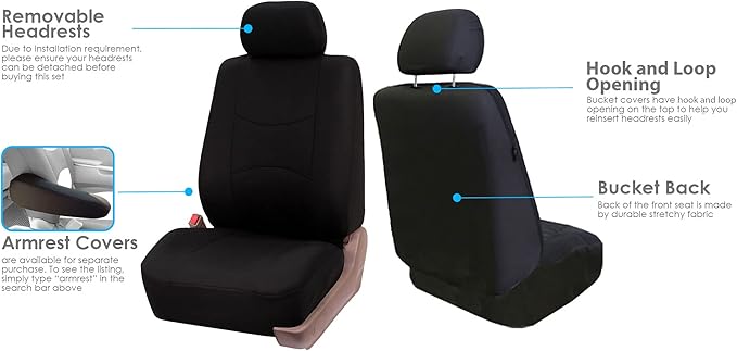 FH Group Car Seat Covers Flat Cloth Automotive Black Full Set, Rear Solid Bench Universal Fit Combo Steering Wheel Cover & Seat Belt Pads Car Seat Protector for Cars Trucks SUV Interior Accessories