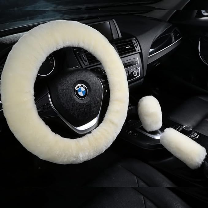 3Pcs/Set Pure Wool Fur Furry Steering Wheel Cover, Soft Fluffy Handbrake Cover Gear Shift Cover for Women Car SUV Truck Australia Sheepskin Accessories