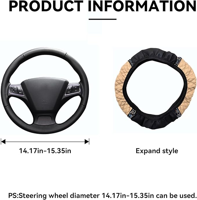 Bling Car Steering Wheel Cover, 15 Inch Rhinestones Soft Leather Elastic Steering Wheel Protector, Sparkly Crystal Diamond for Women Girls, Car Interior Accessories for Most Cars (Beige)
