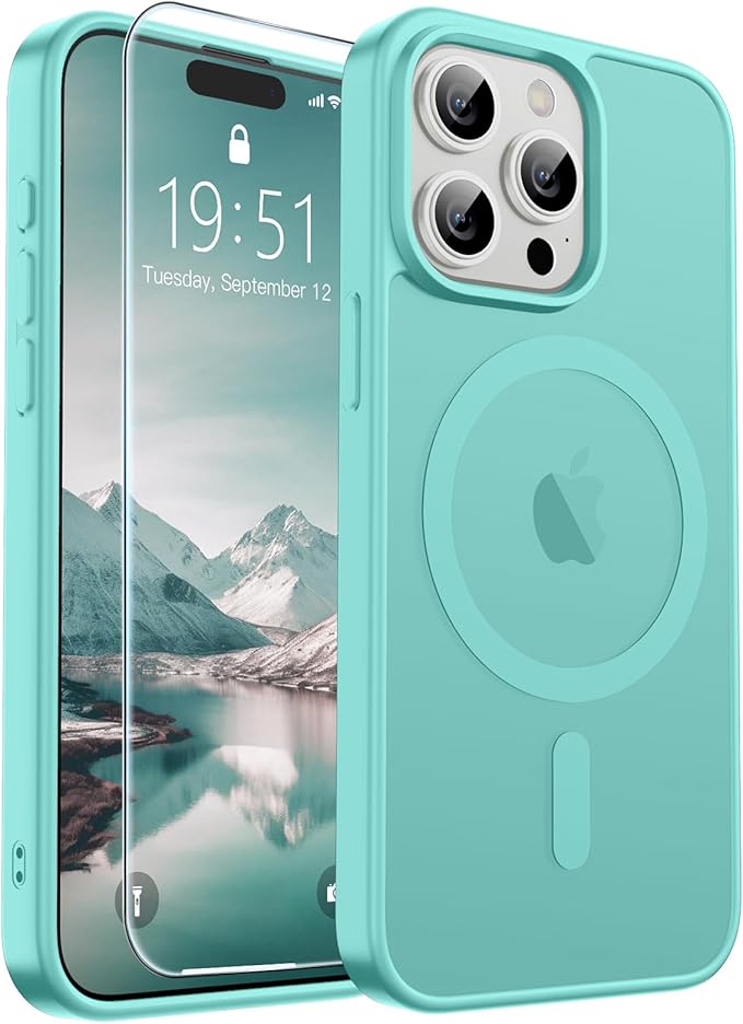 SUPFINE Magnetic for iPhone 15 Pro Case (Compatible with MagSafe) (Military Grade Drop Protection) Translucent Matte Shockproof Phone Cover,Blue Green