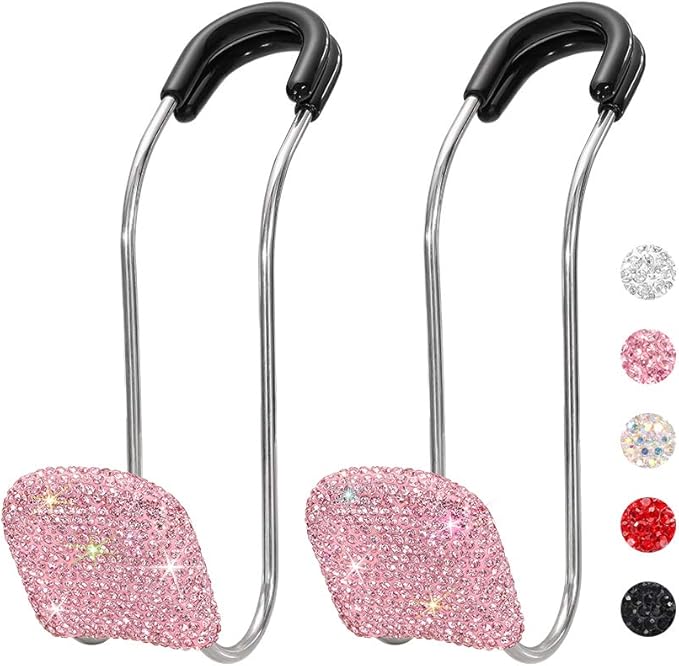 SAVORI Car Headrest Hooks Bling Car Accessories Rhinestones Universal Auto Back Seat Headrest Metal Hanger Organizer Vehicle Holder for Bag Purse Clothes Grocery 2PCS (Pink)