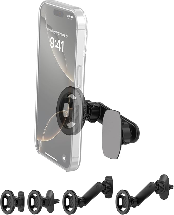 Scosche 5-in-1 MagSafe Car Mount Compatible with Popsocket, Magnetic Vent, Back-of-Display and Dashboard Cell Phone Holder, Tesla Phone Mount Compatible with iPhone 17/16/15/14/13/12, Samsung S25