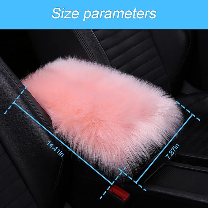 Center Console Cushion Pad/Cover, 11.4"x7.4" Furry Armrest Cover for Cars, Vehicles, SUVs, Premium Sheepskin Wool, Car Interior Accessories for Women(Pink)