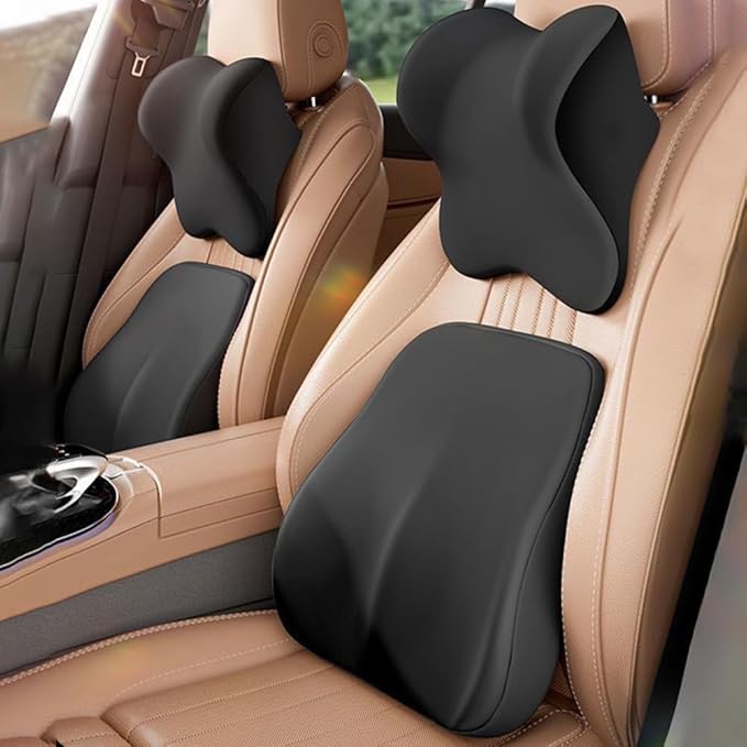Car Headrest and Lumbar Support Cushion, Car Lumbar Support Pillow Car Neck Pillow Kit, Ergonomic Car Seat Headrest Pillow Lumbar Cushion with Adjustable Strap for Neck Back Pain Relief (Black)