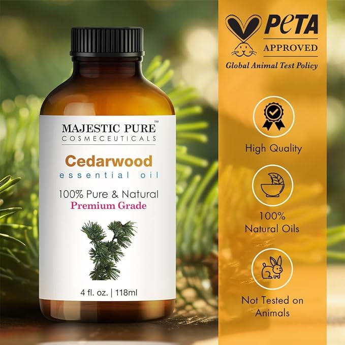 Majestic Pure Essential Oil with Glass Dropper - 100% Pure and Natural - Essential Oils for Diffuser, Aromatherapy, Soap and Candle Making, Cedarwood Essential Oil, Cedarwood Oil, 4 Fl Oz
