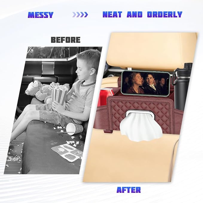 Car Headrest Backseat Organizer, Multifunctional Vehicle Seat Back Hanging Storage Box with Cup Holder and Hooks, Automotive Interior Headrest Storage Organizer, Universal Fit (Wine Red)