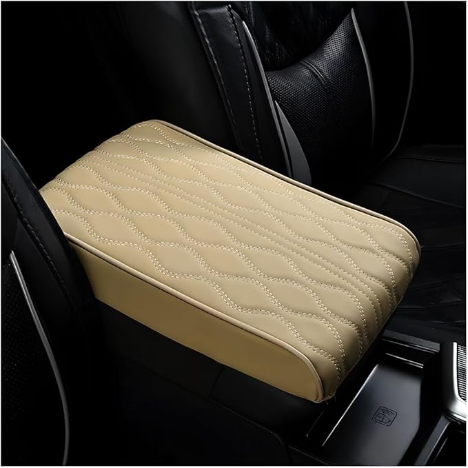 Car Center Console Cover, Leather Waterproof Vehicle Armrest Box Pad, Memory Cotton Comfortable Automotive Interior Seat Box Cushion Protector Accessories, Universal for Most Cars (Beige)