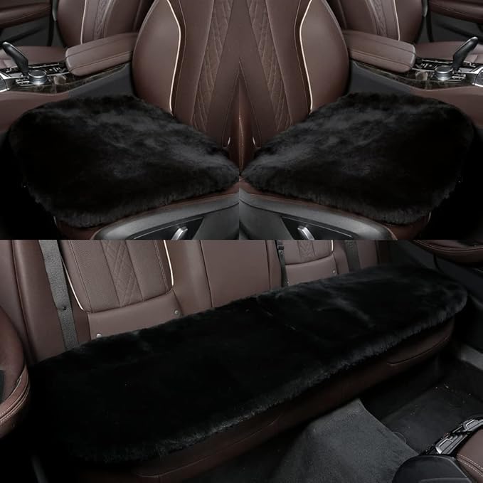 Genuine Sheepskin Auto Seat Pad, Australian Soft Wool Seat Cover Breathable and Sweat-Wicking Universal Fit (Front seat Cushion 2pcs & Rear seat Cushion 1pc, Black)