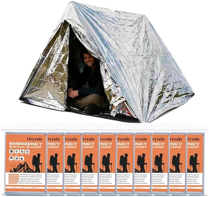 Emergency Mylar Thermal Blankets, 10-Pack Silver Space Blanket for Survival Kit, Winter Car Emergency & Outdoor Camping Safety. Body Heat Reflective Foil Blankets for Survival Gear & First Aid
