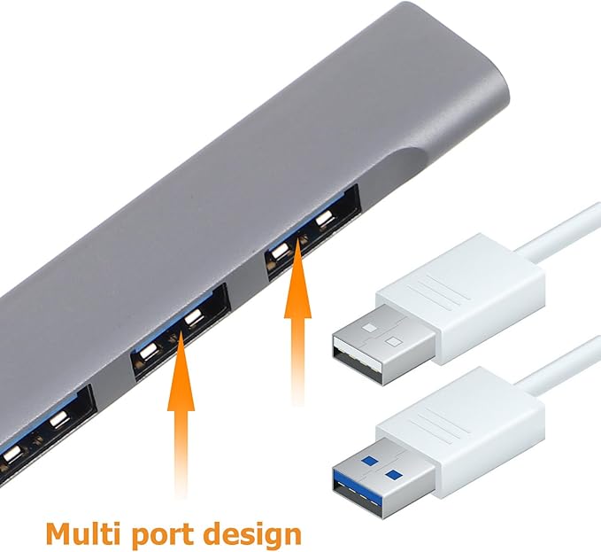 USB Multiport Hub Splitter with 4 USB Ports for Laptop and Car Use in Space Gray with Packaging Box for Multiple Devices