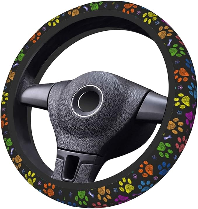 Dog Paw Print Steering Wheel Cover Women Men Elastic Stretch Soft Car Wheel Protector Universal Breathable No-Slip Car Accessories for Truck Van SUV Auto Fit 14-15 Inches