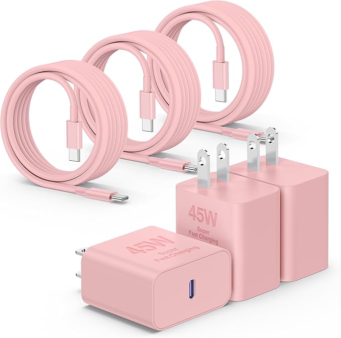 3Pack 45W Super Fast Charger Type C 10FT, USB C Android Phone Charger Fast Charging Block with Ertra Long Type-C Charger Cord for Samsung Galaxy S25/S25 Ultra/S25+/S24 Ultra/S24/S24+/S23/S22/S21-Pink