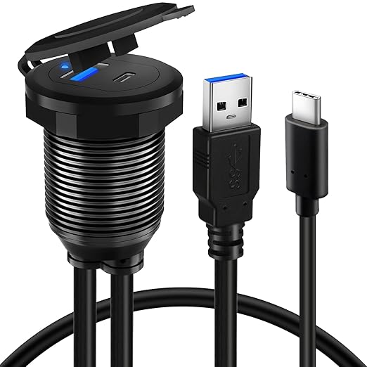 BATIGE Type C 3.0 USB 3.0 Alloy Shell Car Mount Flush USB Port Cable Male to Female, Car Truck Boat Motorcycle Dashboard Panel Extension Cable LED Indicator - 3ft