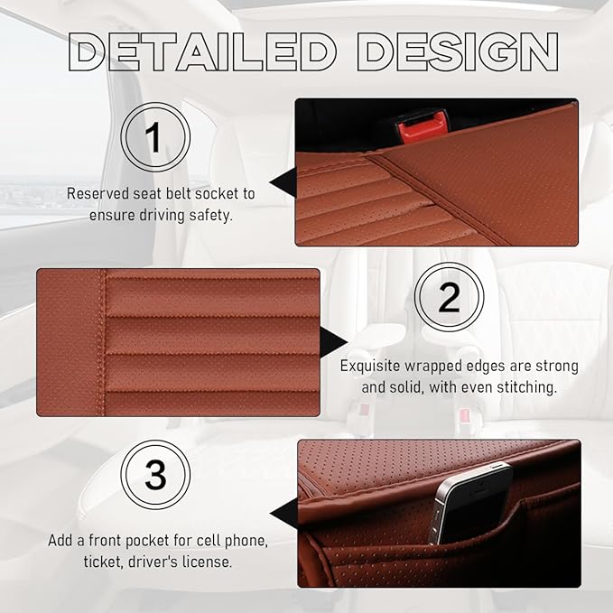 Car Back Seat Cover, Breathable PU Leather Rear Seat Cushion Protector with Storage Bag, Rear Bench Cover Pad Fits for 95% Vehicle, Universal Interior Car Accessories (Coffee, Rear)