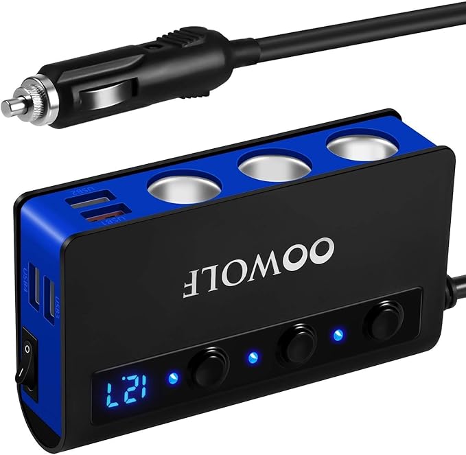 OOWOLF 7 in 1 180W Quick Charge 3.0 Cigarette Lighter Adapter, with Cigarette Lighter Function, for 12V-24V Car, 3-Socket Splitter, 4 USB Ports Car Power Adapter for GPS, Dash Cam, Phone, Tablet etc