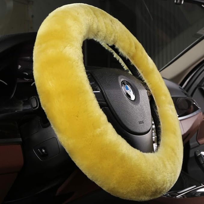 Furry Wool Sheepskin car Steering Wheel Cover for Girls Women Universal car 14 1/2-15 1/2inchs (Lemon Yellow)