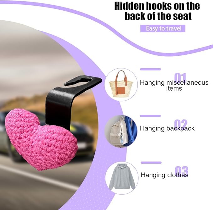2PCS Car Headrest Hook, Cute Wool Heart Vehicle Seat Hangers for Umbrellas Grocery Bags, Automotive Interior Backseat Storage Organizer Hook, Universal for SUV, Sedan, Truck (Rose Red)