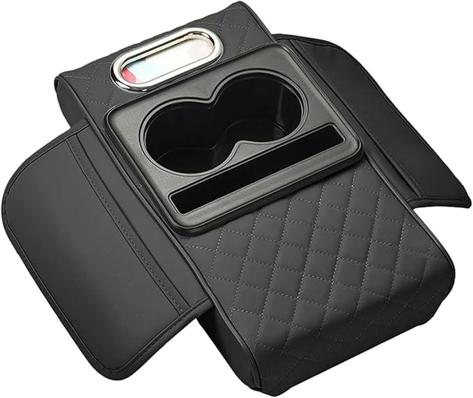 Car Center Console Cover for Hyundai Tucson 2021-2024, Leather Armrest Cushion Protector Pad with Tissue Box Holder Storage Pockets Cup Holder Phone Slot,A/Black