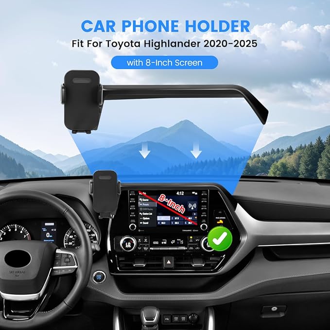 Car Phone Holder Fit for Toyota Highlander 2020-2025 L LE XLE XSE Accessories (Only fit for 8-Inch Screen), Cell Phone Mount Hands-Free 360° Rotation Automobile Cradles