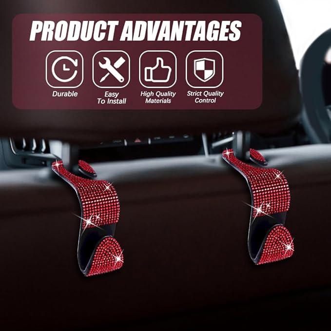 2 Pack Car Seat Headrest Hooks, Bling Car Organizer Hanger Storage Hooks for Bags, Clothes, Coats, Grocery Bags (Red)