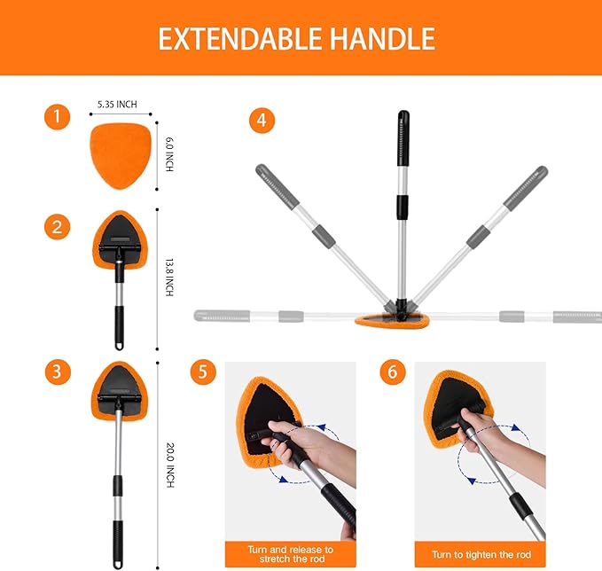 Qydipclin 11pcs Windshield Cleaner Tool, Car Window Cleaning Wash Kit with 6 Reusable Microfiber Pads 2 Spray Bottles and Extendable Handles Auto Glass Wiper Kit, Orange