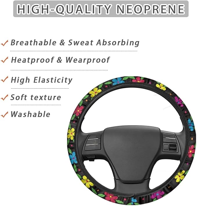AFPANQZ Colorful Flowers Steering Wheel Covers 14-15" inch Universal Fit Most Car Sedans SUVs Comfort Grip Comfortable Handmade Neoprene Breathable Steering Wheel Protector