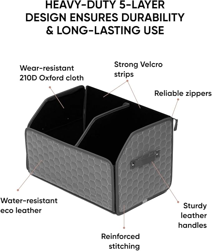Owleys Foldable Trunk Organizer for Car - Collapsible Auto Trunk Organizer with Lid - Small and Large Cargo Organizer - Trunk Storage Box with 2 Compartments - Gray 17