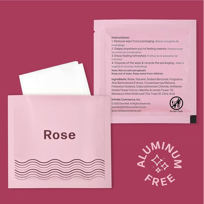 Dew Well Deodorant Wipes - Individually Wrapped Armpit Wipes - Aluminum Free Body Sheets with Natural Extracts - Rose Towelette for Travel - 50 Count, Pack of 1, Rose