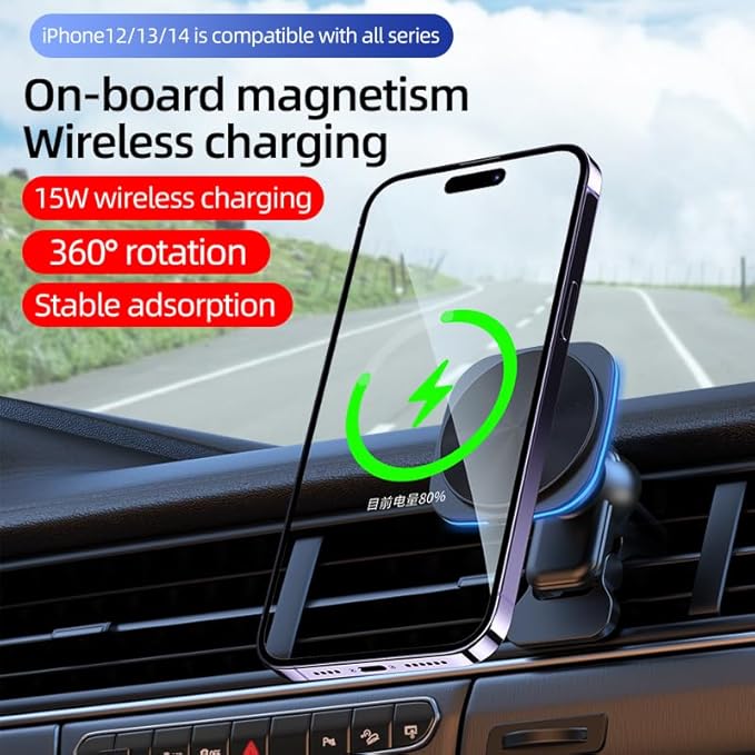 Car Phone Mount – 15W Magnetic Wireless Charger for 12-15 Series, Reliable and Efficient Wireless Charging Phone Holder(Black with Blue Light)