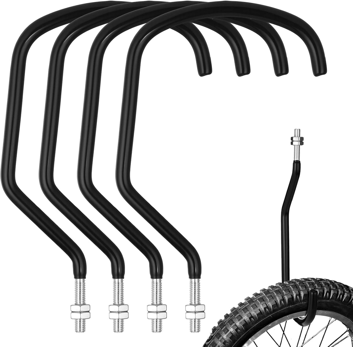Shimeyao 4 Pcs Machine Thread Bicycle Storage Hook with Nut Heavy Duty Bike Hooks M10 x 1.5 Machine Threading Hook Rubber Coated Bicycle Hanger for Hanging Large Mountain Bike Tire (4.92 Inch,Black)