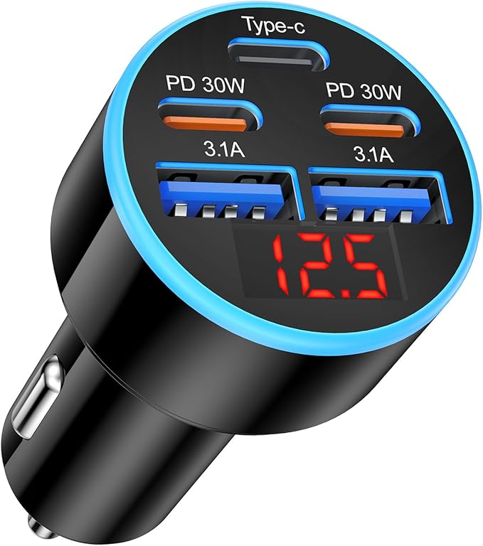 Car Charger USB C, 5-Port 90W Super Fast Car Phone Charger, Dual PD 30W & QC Type C Car Charger, Cigarette Lighter Adapter with Voltage Display for iPhone 17/16/15 Pro Max, iPad,Galaxy S25 S24,Pixel