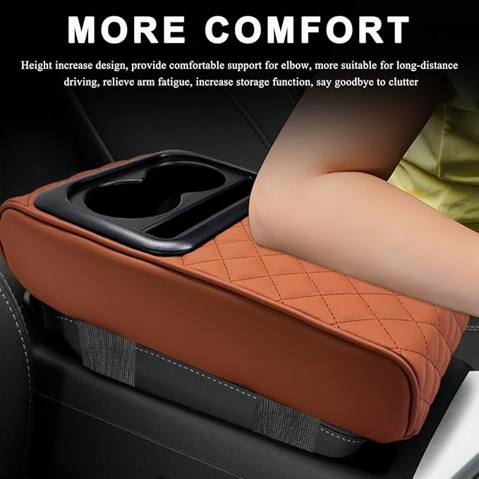 Car Center Console Armrest Pillow, 14"×8.3" Waterproof Leather Armrest Box Cover with Cup and Phone Holder, Soft Memory Foam Arm Rest Console Pad Protector for SUV Truck (Brown, Embroidery)