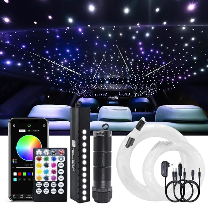 AKEPO Mini 6W Car Home APP Control Fiber Optic Lights, Meteor Effect+Mixed Fiber Cable 430pcs(0.75+1+1.5mm) 9.8ft/3m + Music Sync + 28key Remote Shooting Star Starlight Headliner Light Kit