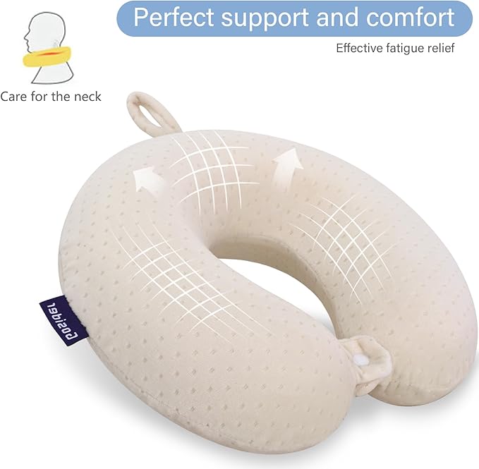 Memory Foam Neck Pillow Comfortable Travel Neck Pillow Neck and Head Support Lightweight Portable Airplane Travel Pillow for Sleeping, Traveling,Car, Train, Bus and Home Use Beige