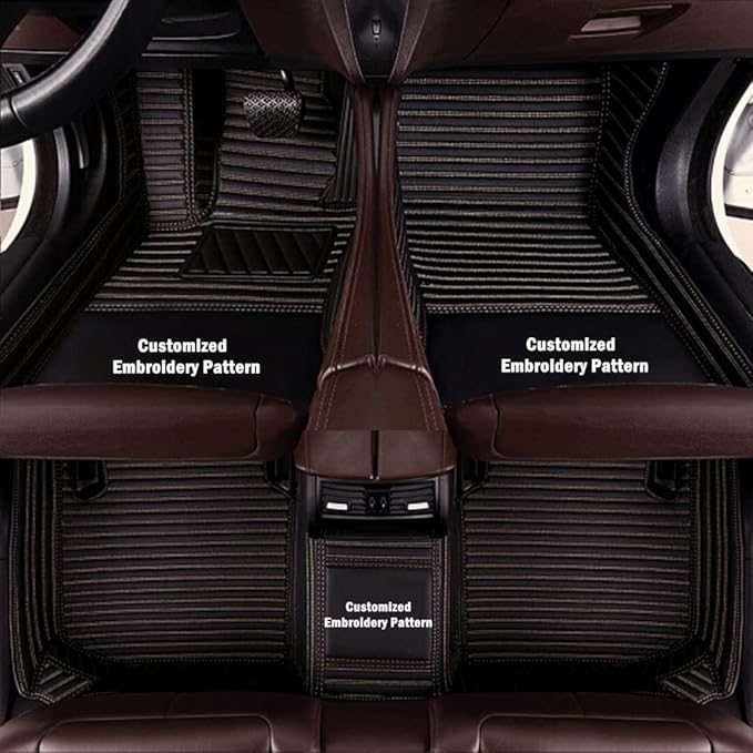 Custom Personalized Car Floor Mats - Luxury Full Coverage All Weather Cars Mats, Anti-Slip Leather Car Mat Set, Custom Floor Mats Fit for 99% of Cars, SUVs & Trucks (Black Beige, B-Strip Shape)