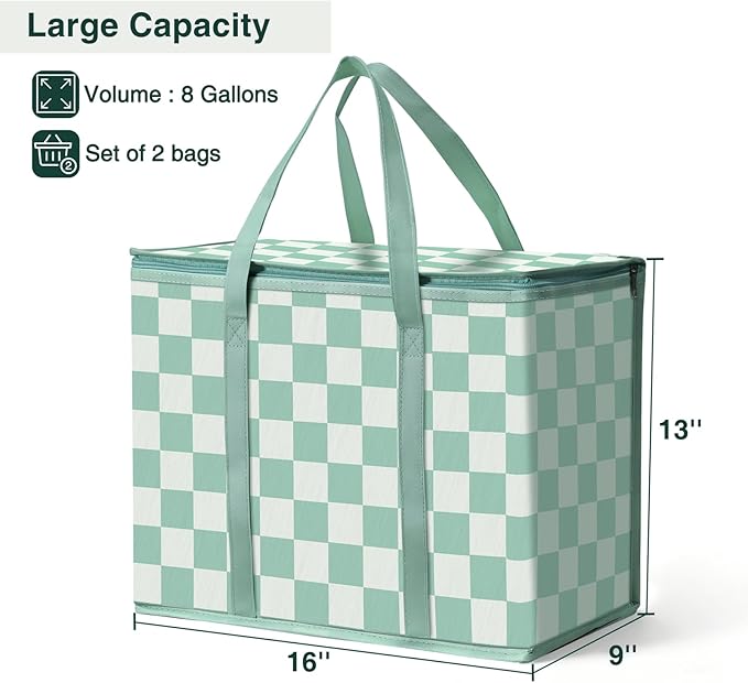 2 Pack Insulated Reusable Grocery Bags, Heavy Duty Warming Large Capacity Collapsible Cooler Delivery Bags for Pizza, Hot and Cold Food, Party Catering
