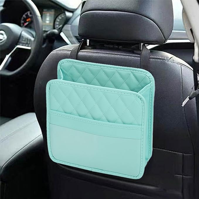 Car Seat Back Organizer, Foldable Leather Vehicle Backseat Storage Bag, Multifunctional Automotive Interior Hanging Pocket Accessories, Universal Fit (Green)