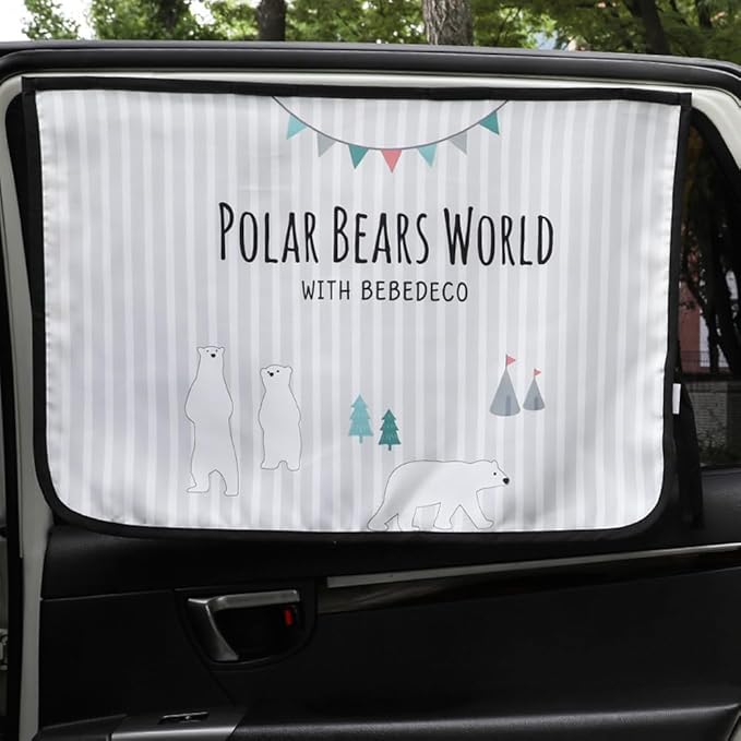 Magnetic Car Sun Shade Curtain for Side Window – Sun Blocker and UV Protector for Baby, Kids, and Pets – Universal Fit with Built-in Magnets for Steel-Framed Door (Be-Pola Bear)