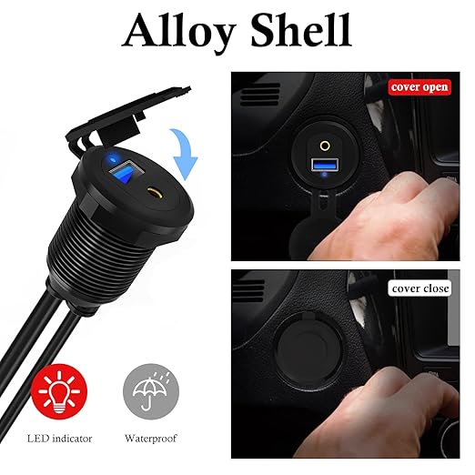 BATIGE Alloy USB 3.0 AUX DC3.5mm Port Car Mount Flush Cable for Car Boat Motorcycle Dash Panel with LED Indicator - 3ft