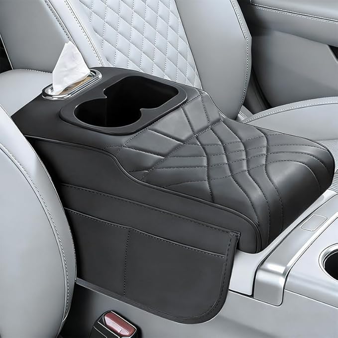 Upgraded Car Center Console Cover,PU Leather Car Armrest Cover Cushion Contains High Elasticity Sponge with 2 Storage Bags Tissue Box (Black-A)