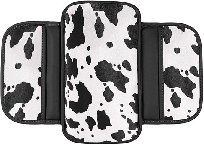 Cow Print Car Center Console Cover PVC Leather Armrest Cushion with 2 Storage Bags Universal Car Armrest Seat Box Pad Car Interior Accessories Protector for Women Men (White Black)
