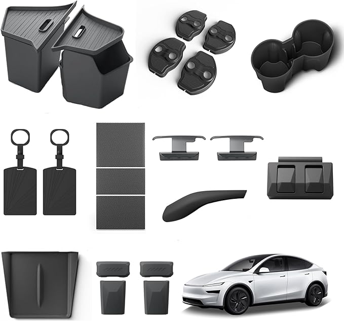 LUCKEASY Organizer for Tesla Model Y Juniper 2025+ Rear Trunk Storage Bins|Wireless Charging Pad|Seat Belt Buckle|Key Card|Center Mat|Glove Box Hook|Seat Hooks|Gear Shift|Door Lock Buckles|Cup Holder